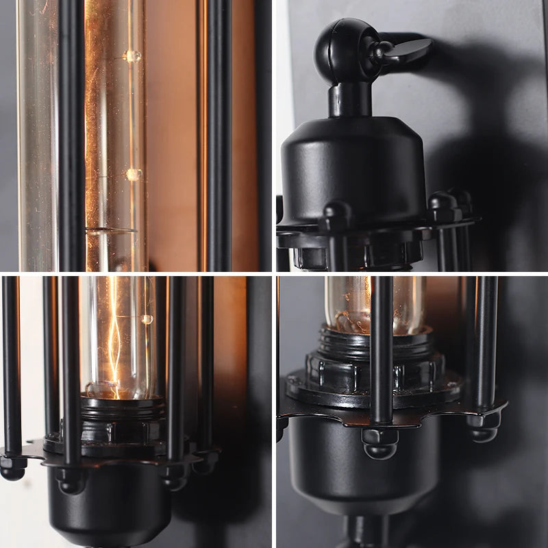 Close-up of IronGlow Industrial Wall Sconce, highlighting the durable black plated metal cage and rugged industrial design details. VelunaLumin.