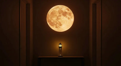 LunaBeacon lighthouse night light projecting a floating moon.