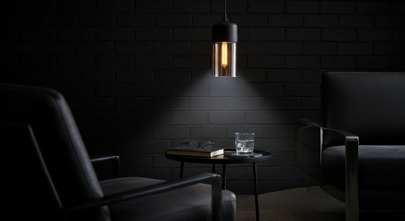 LuminaGrace Rich Amber & Clear Glass Slim Cylinder Pendant Light hanging above a velvet bedside table, casting a warm, intimate glow in a luxurious bedroom setting, VelunaLumin.
