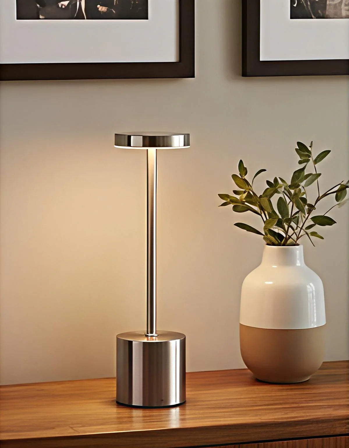 Atelier rechargeable metal touch lamp in gold finish.