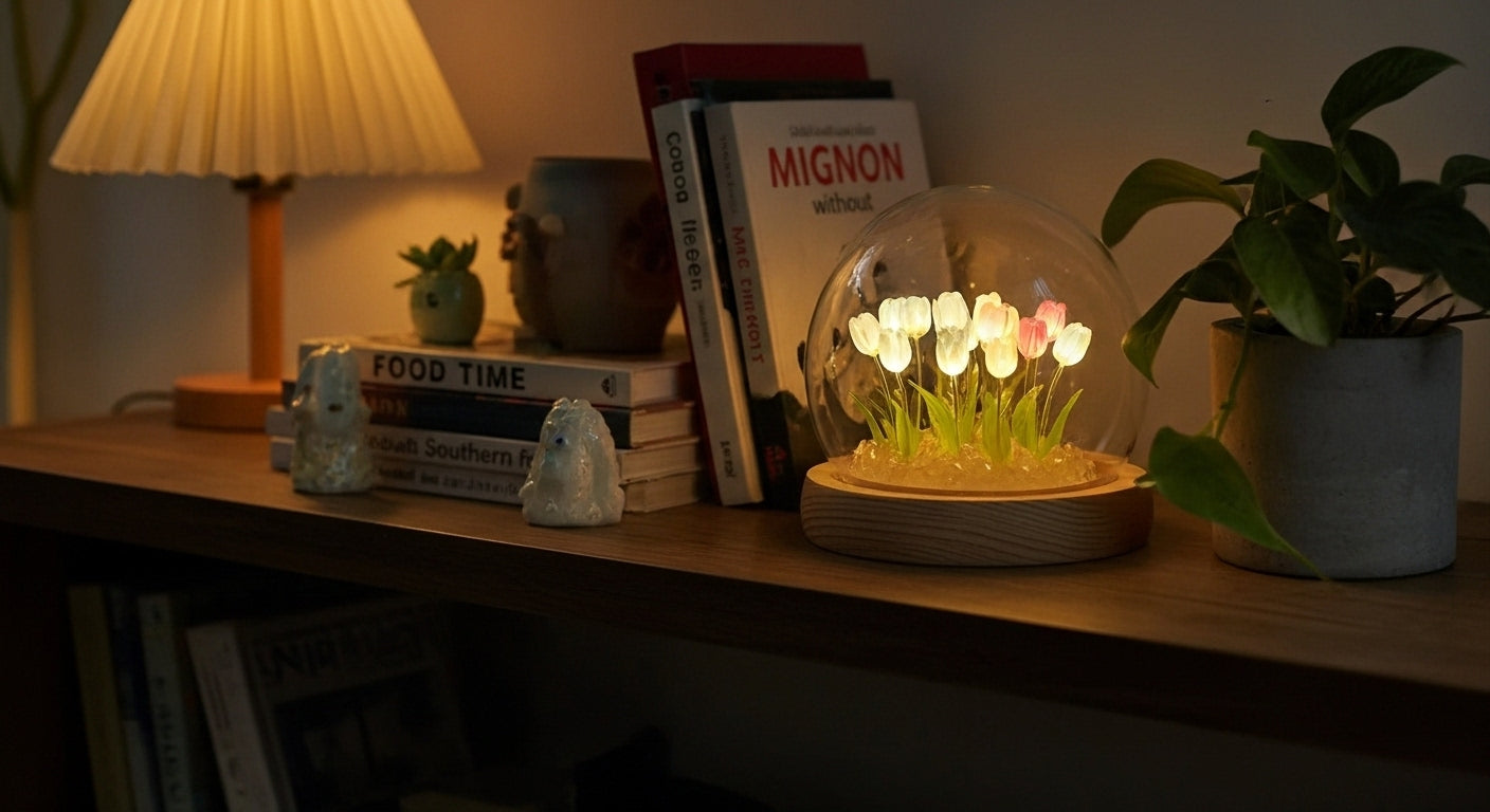 Bloom handmade DIY tulip night light in a glass dome.