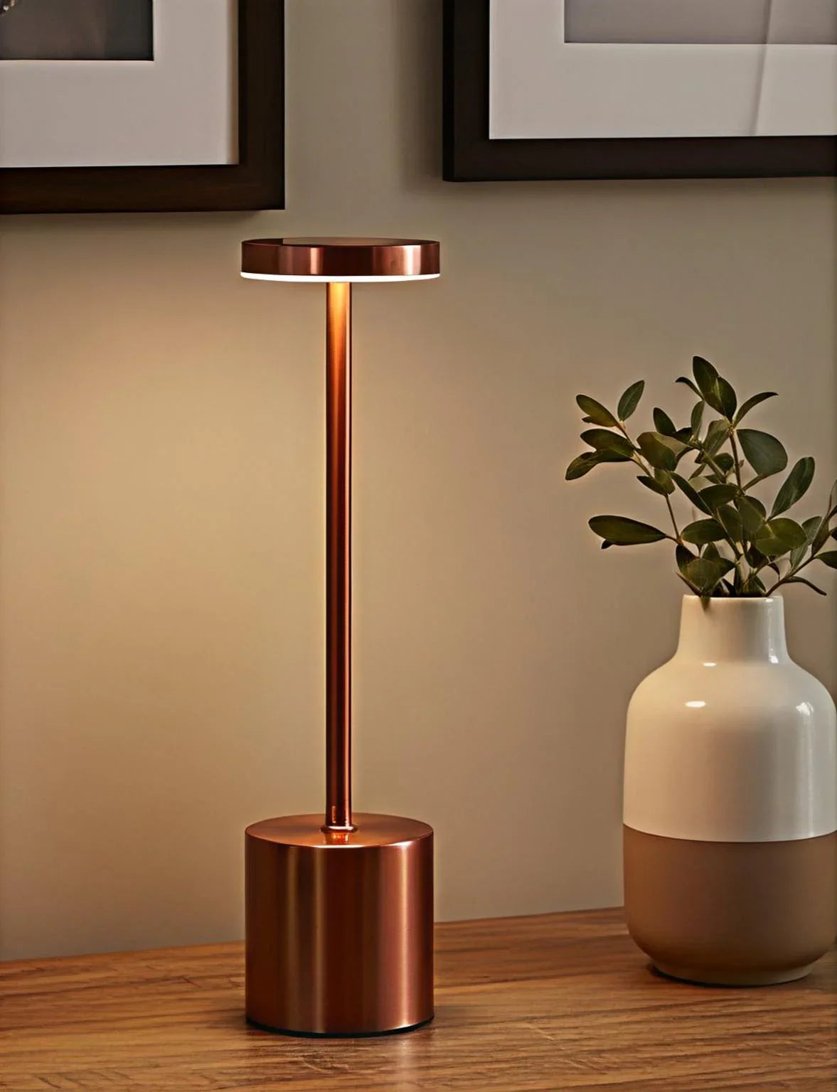 Atelier rechargeable metal touch lamp in gold finish.