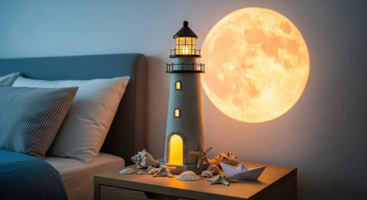 LunaBeacon lighthouse night light projecting a floating moon.