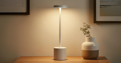 Atelier rechargeable metal touch lamp in gold finish.