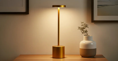Atelier rechargeable metal touch lamp in gold finish.