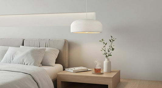 ZenGlow Organic Pendant Light hanging elegantly over a minimalist dining table, casting a soft, diffused ambient light, creating a tranquil Japanese-inspired atmosphere, VelunaLumin.