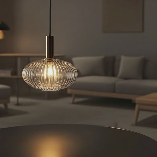 AuraSphere Nordic D30cm glass pendant in a bedroom.