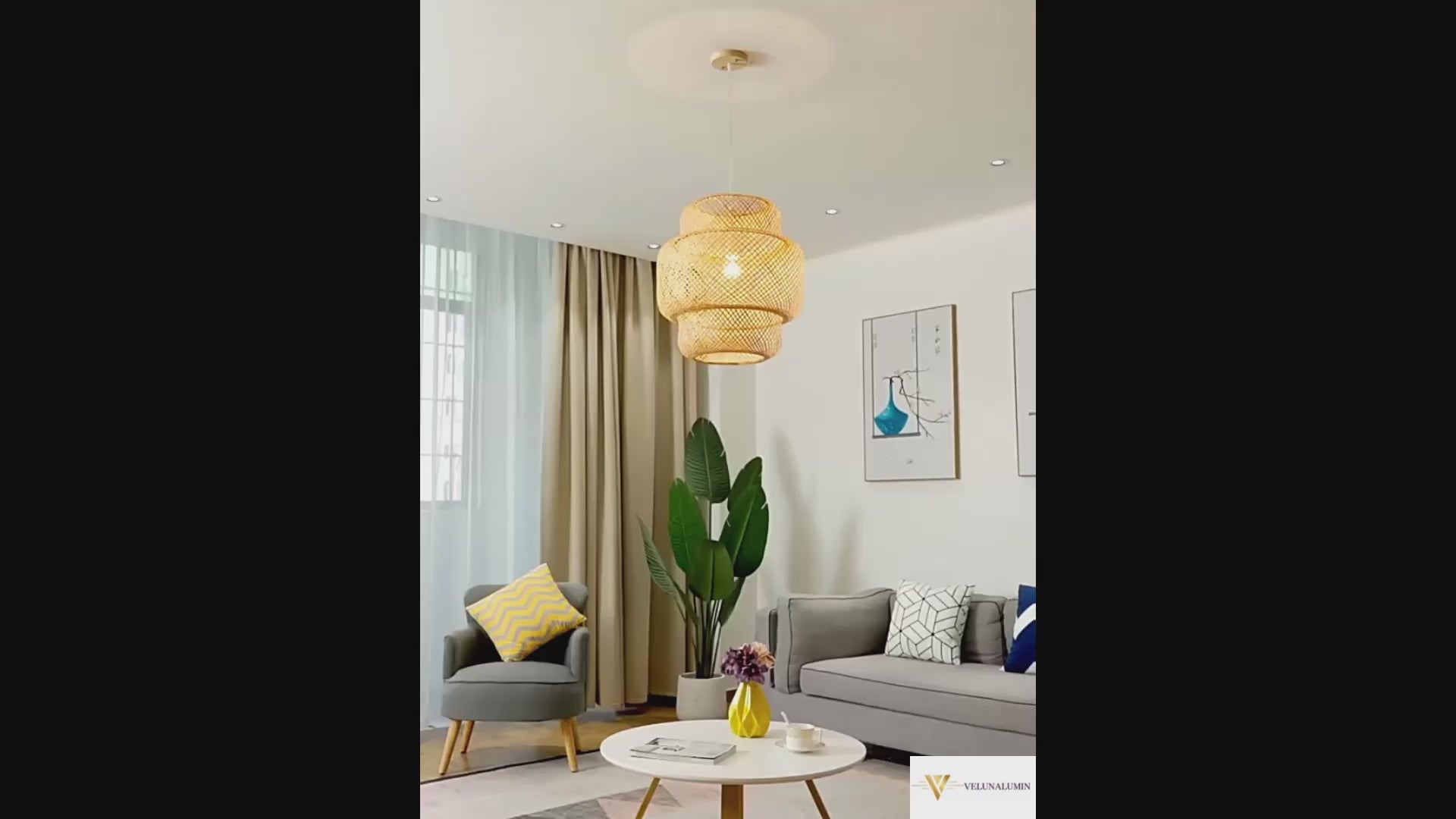 Three ZenWeave 'Tiered Serenity' bamboo pendants hanging over a modern sushi bar, casting a warm, inviting light and creating an authentic, serene oriental atmosphere. VelunaLumin.