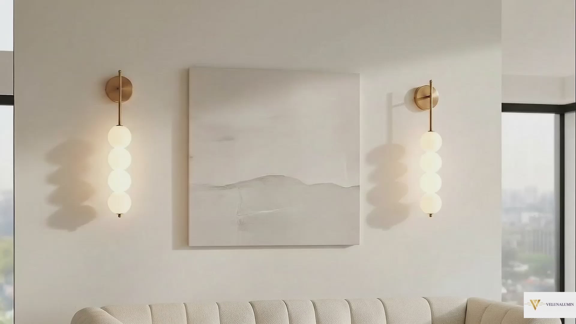 Close-up of the AuraBeam Wall Sconce, showing the detailed perforated metal and the quality of the plated finish. VelunaLumin.