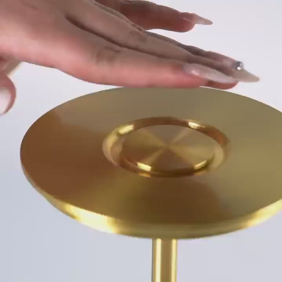 AuraElara Cordless Table Lamp in Brushed Gold aluminum, a dimmable and rechargeable modern LED light with touch control. VelunaLumin.