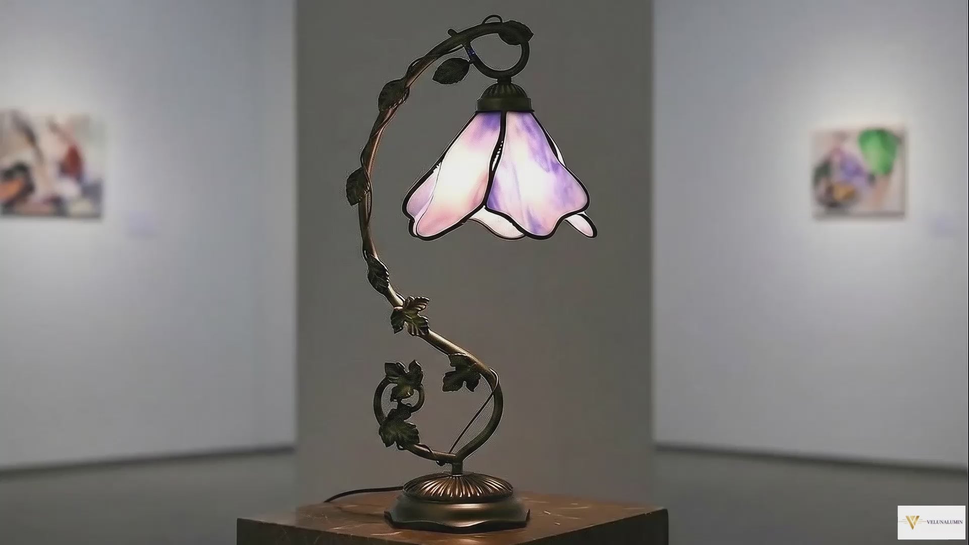 LuminaGlow Tiffany Desk Lamp - Handcrafted stained glass shade with dominant blue hues, antique metal base, E27 compatible. VelunaLumin.