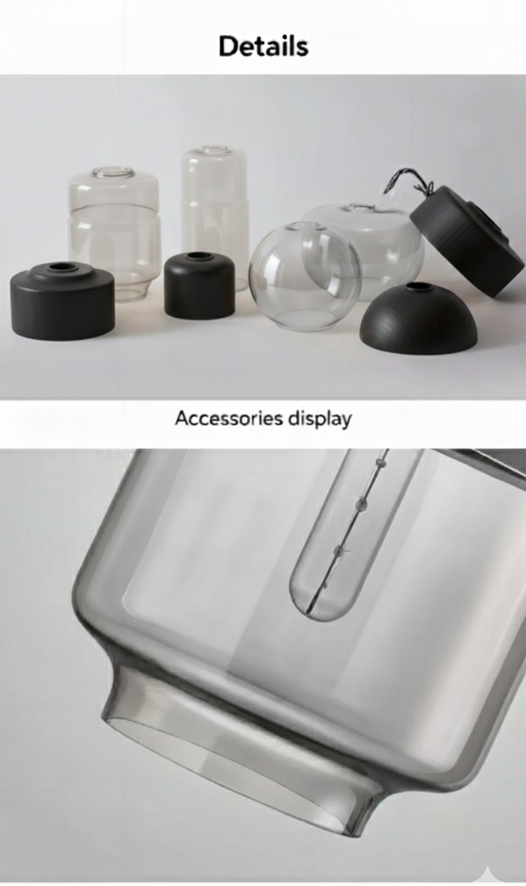 Detail shot of LuminaGrace Sleek Black & Smoke Glass Sphere Pendant Light, showcasing the smooth matte black metal finish and translucent smoke grey glass globe, VelunaLumin minimalist design.